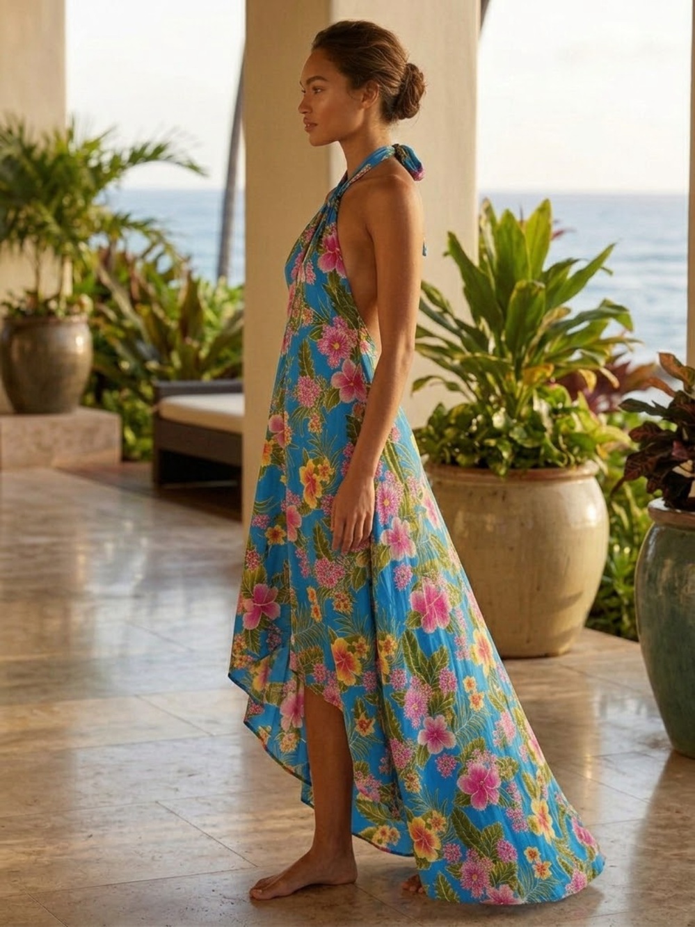Tropical Blue & Pink Floral high-low Maxi Dress, coverup, beach vacation